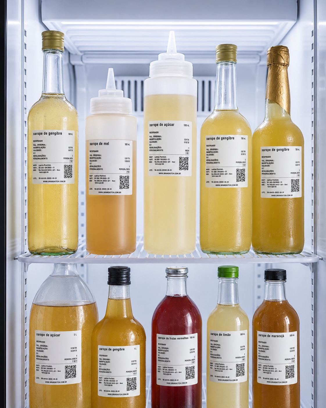Etiquetas da Granus aplicadas em garrafas de xaropes e bebidas