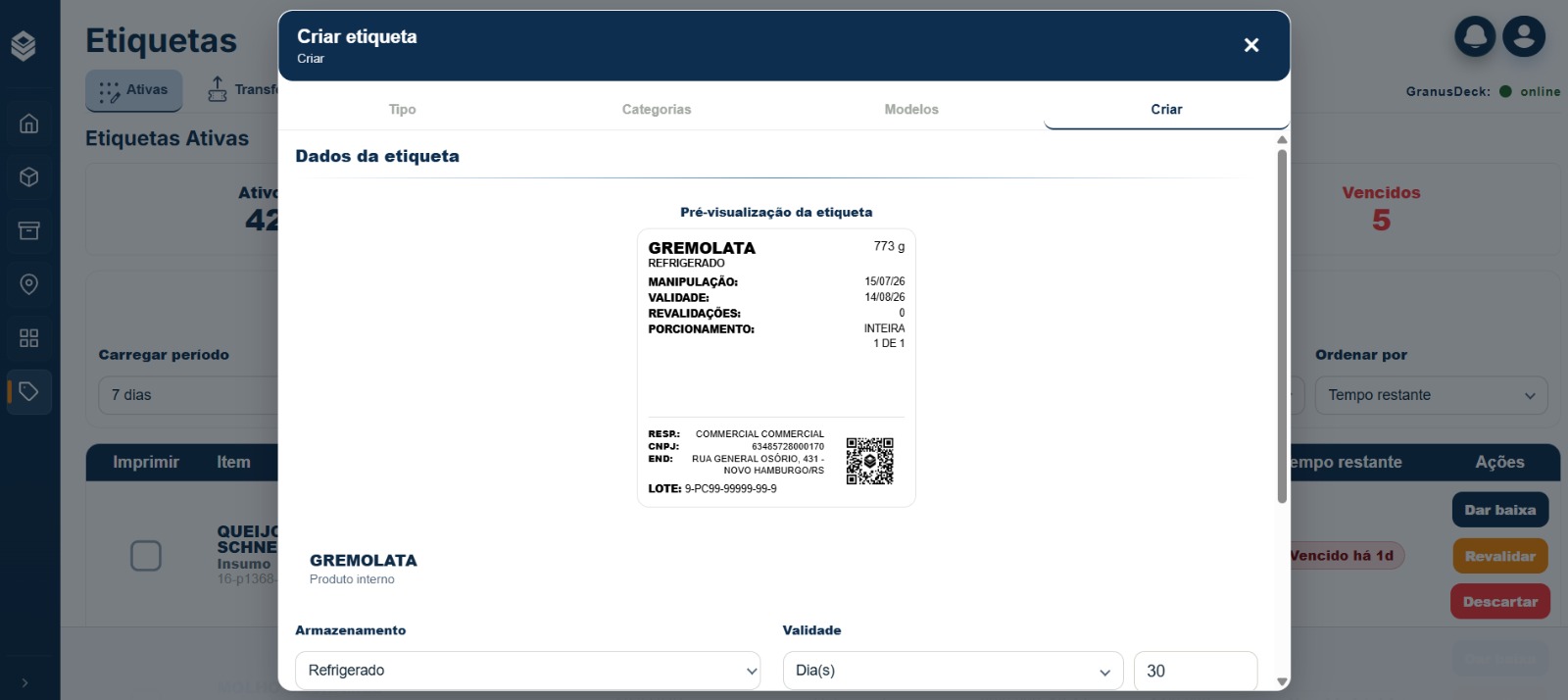 Tela da plataforma Granus para conferir e finalizar a etiqueta